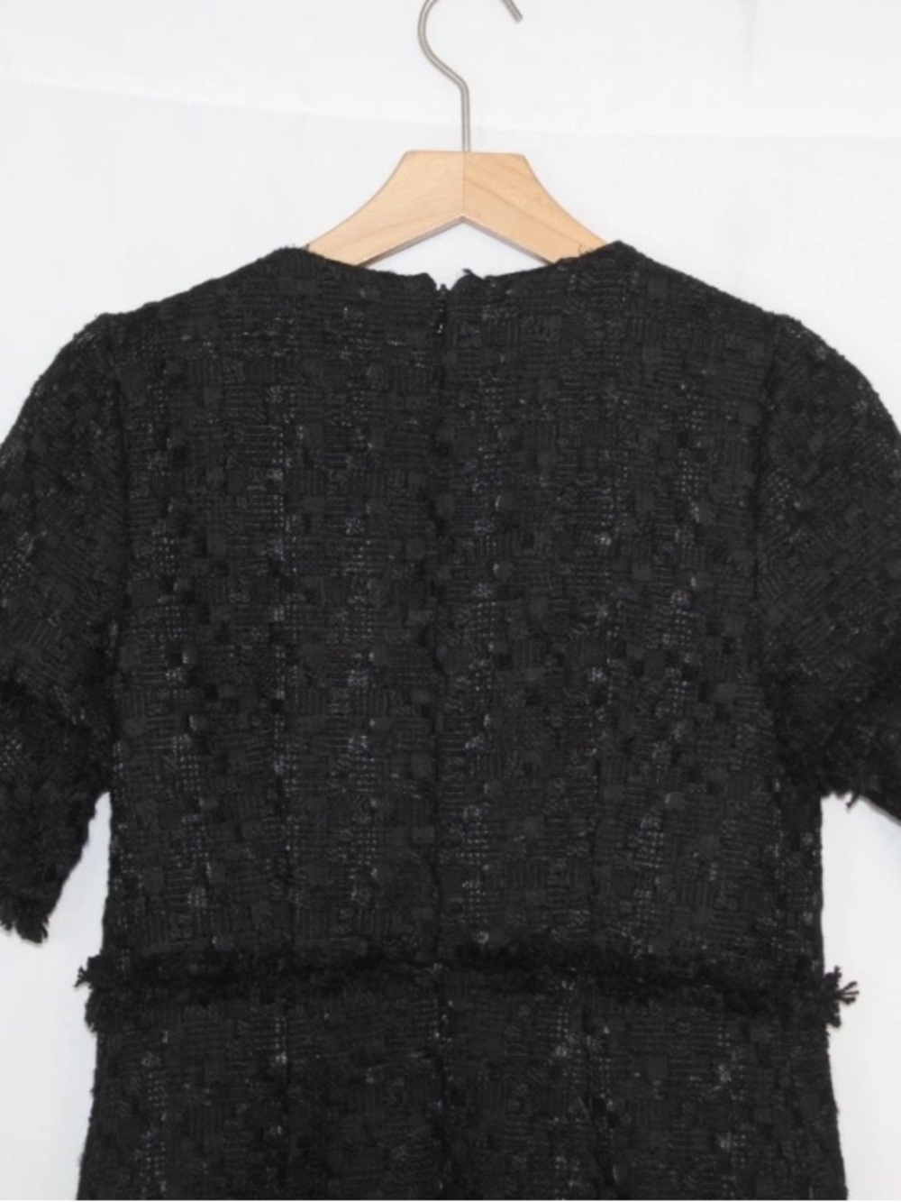 Ann Taylor black tweed frayed trim flared sleeve shift mini dress - Picture 10 of 13